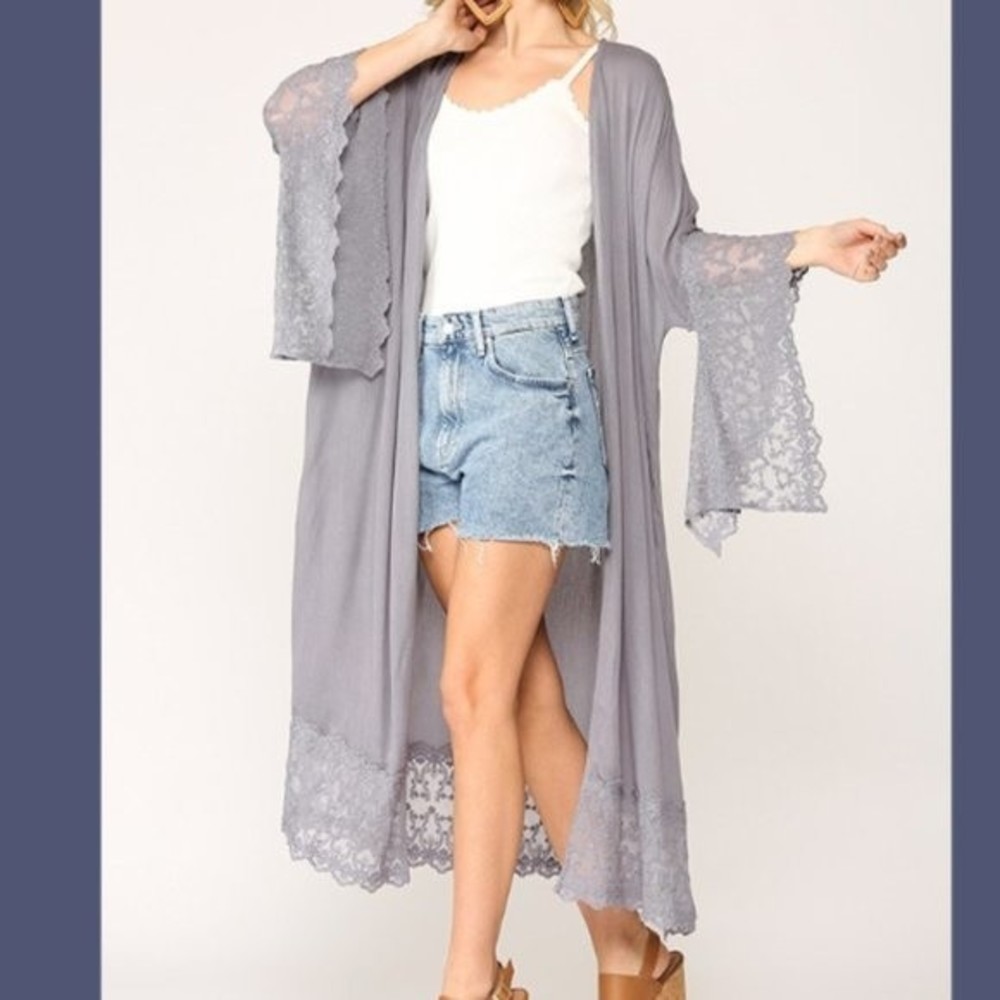 New Gigio S 4 6 8 Gray Open Embroidered Fairy Duster Jacket Lace Dolman Sleeves